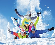 Group happy friends ski resort�, Group happy friends having fun at Sheregesh ski resort. Skiers and snowboarders team concept�